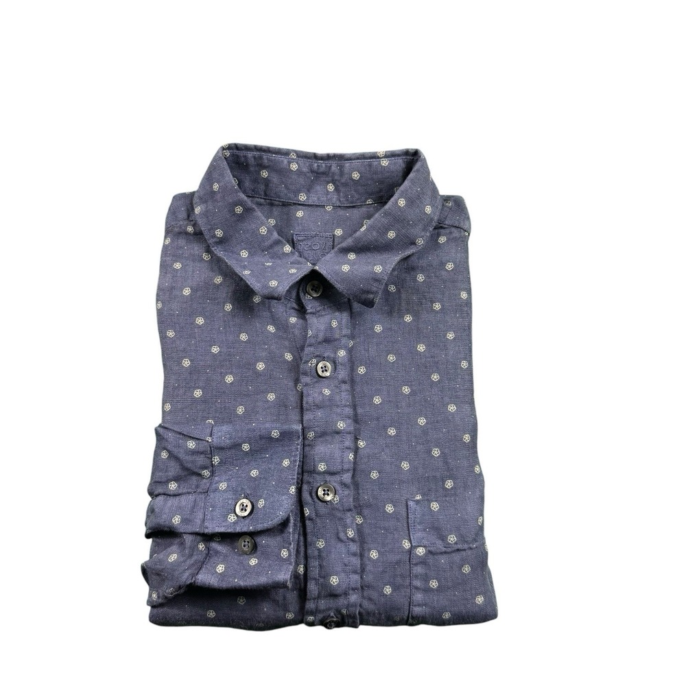 120% Lino Blue White Floral Pure Linen LS Mens Lounge Button Front Shirt Small